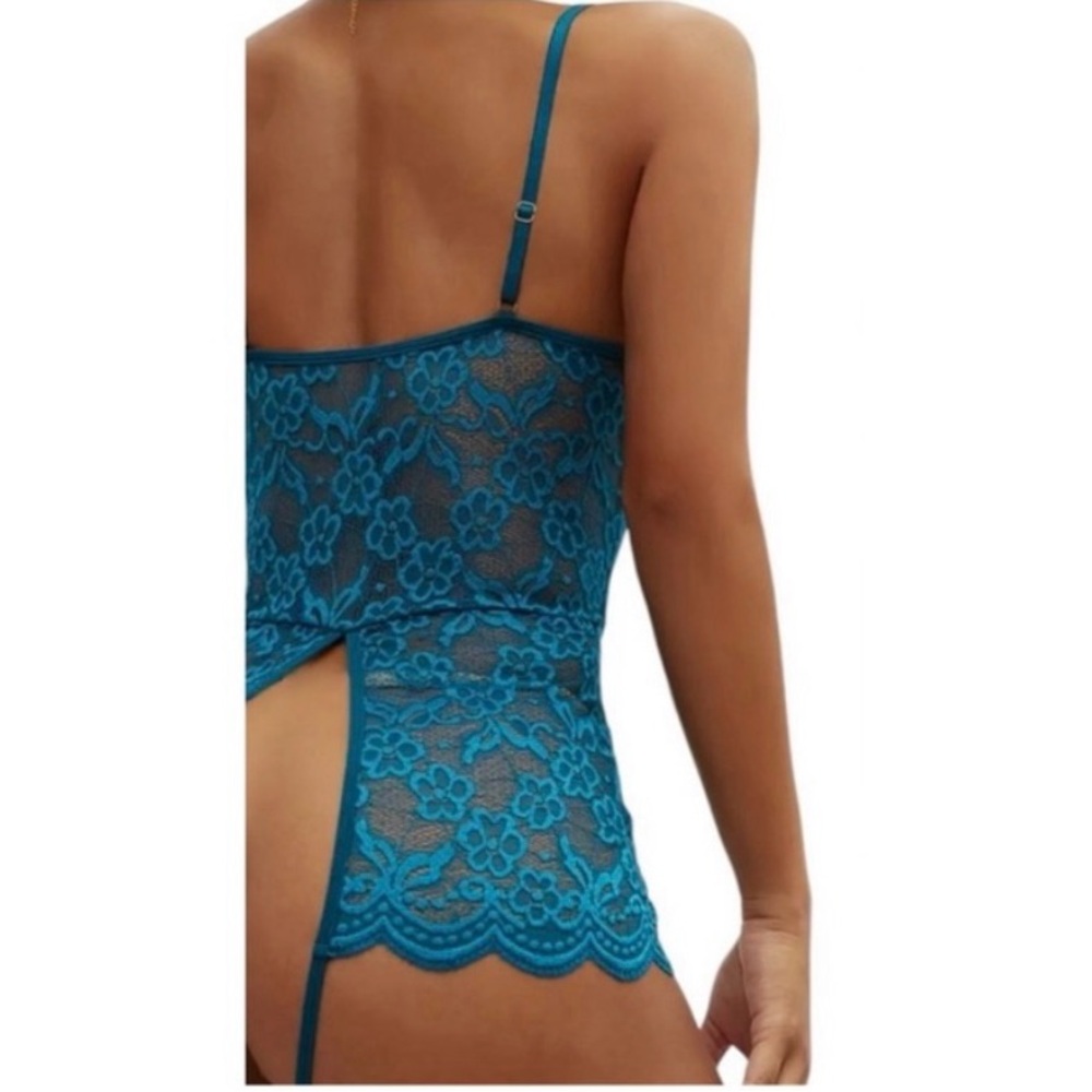 Women’s Sexy Teal Blue Lace One Piece Lingerie Bodysuit With Bows Size Small - Picture 5 of 6
